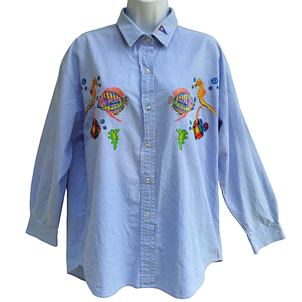 Vintage Casey Coleman Embroidered Shirt Sea Aquarium Light Blue Seahorse Fish XL